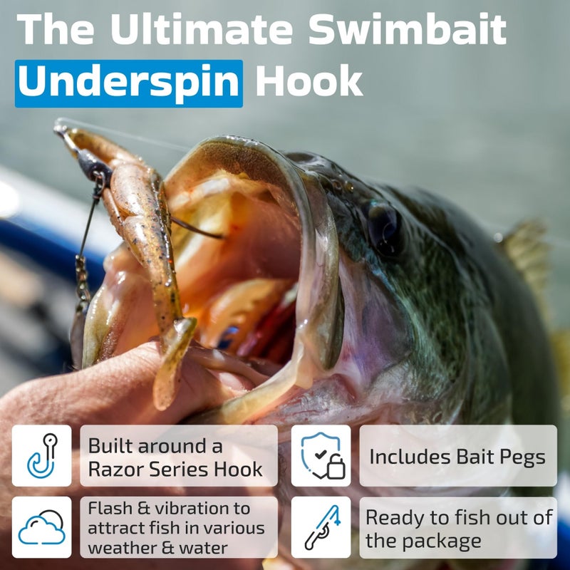 Harmony Fishing Company Harmony Fishing - Razor Series Underspin Swimbait Hooks (4 Pack w/ 5 Bait Pegs) - Swimmer Hooks with Flashy Willow Spinner Blades (1/2 oz, 5/0 Hook) - Image 5